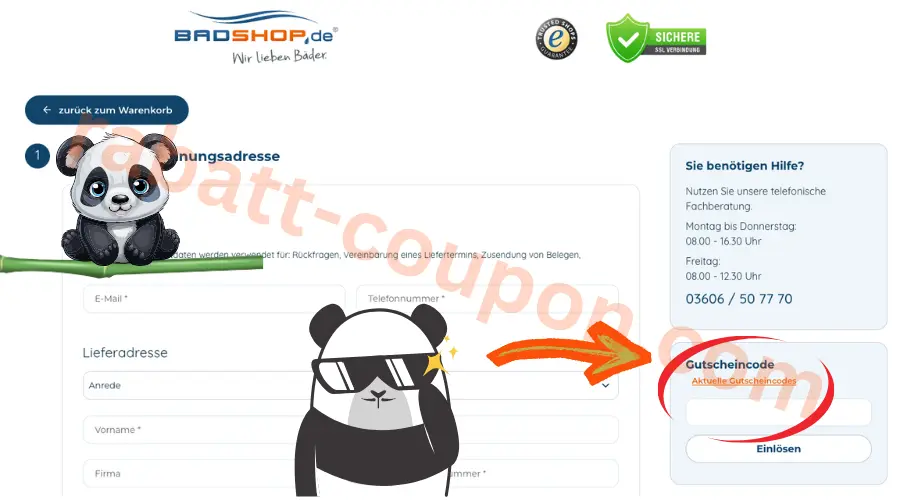 Badshop Gutscheincode-Feld im Checkout zur Eingabe und Einlösung eines Rabattcodes