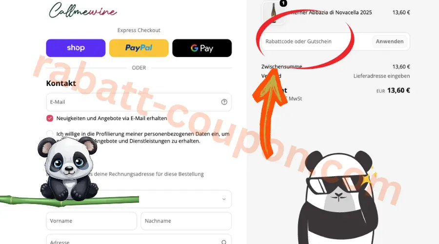 Callmewine Gutscheincode-Feld im Checkout zur Eingabe und Einlösung eines Rabattcodes