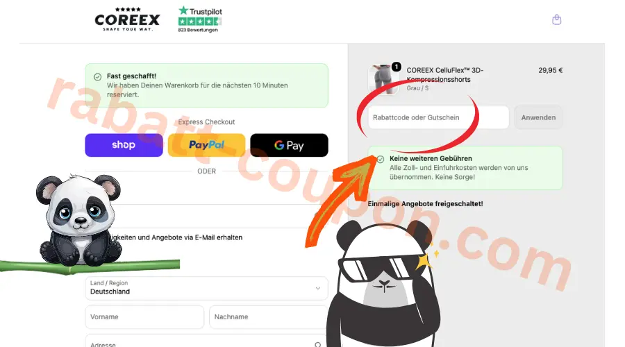 Coreex Gutscheincode-Feld im Checkout zur Eingabe eines Rabattcodes