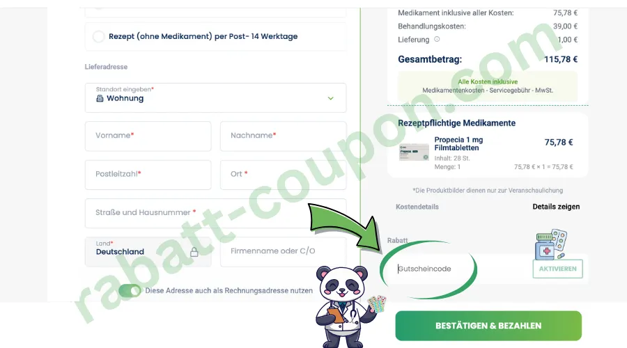 DoktorABC Checkout mit grün markiertem Gutscheincode-Feld und dem Button „AKTIVIEREN“ unterhalb der Bestellübersicht.