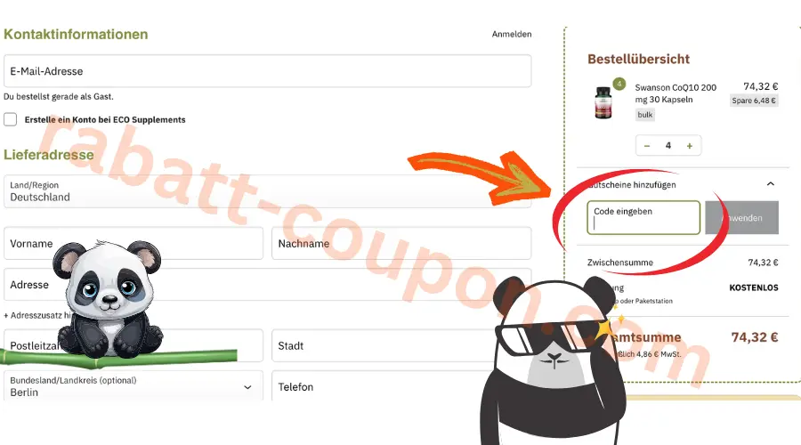Eco Supplements Gutscheincode im Checkout im Feld „Code eingeben“ eintragen und anwenden