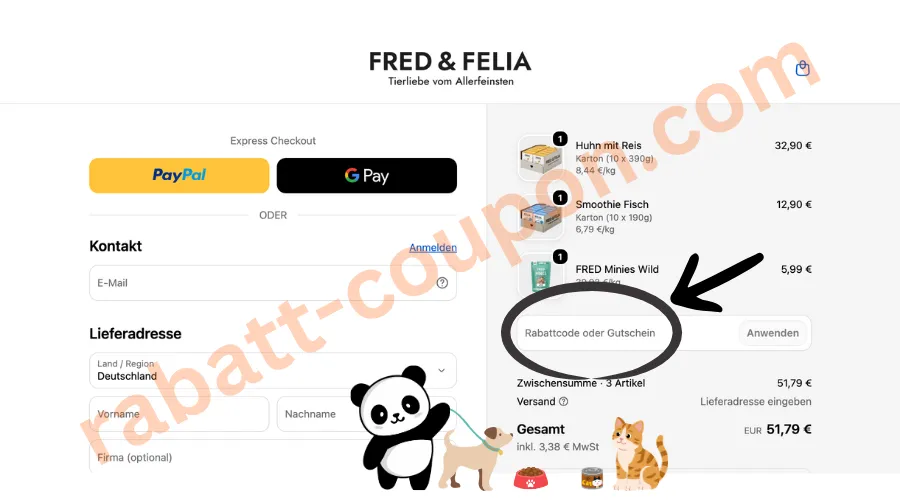 FRED & FELIA Checkout mit schwarz markiertem Gutscheinfeld zur Eingabe eines Rabattcodes oder Gutscheins. 