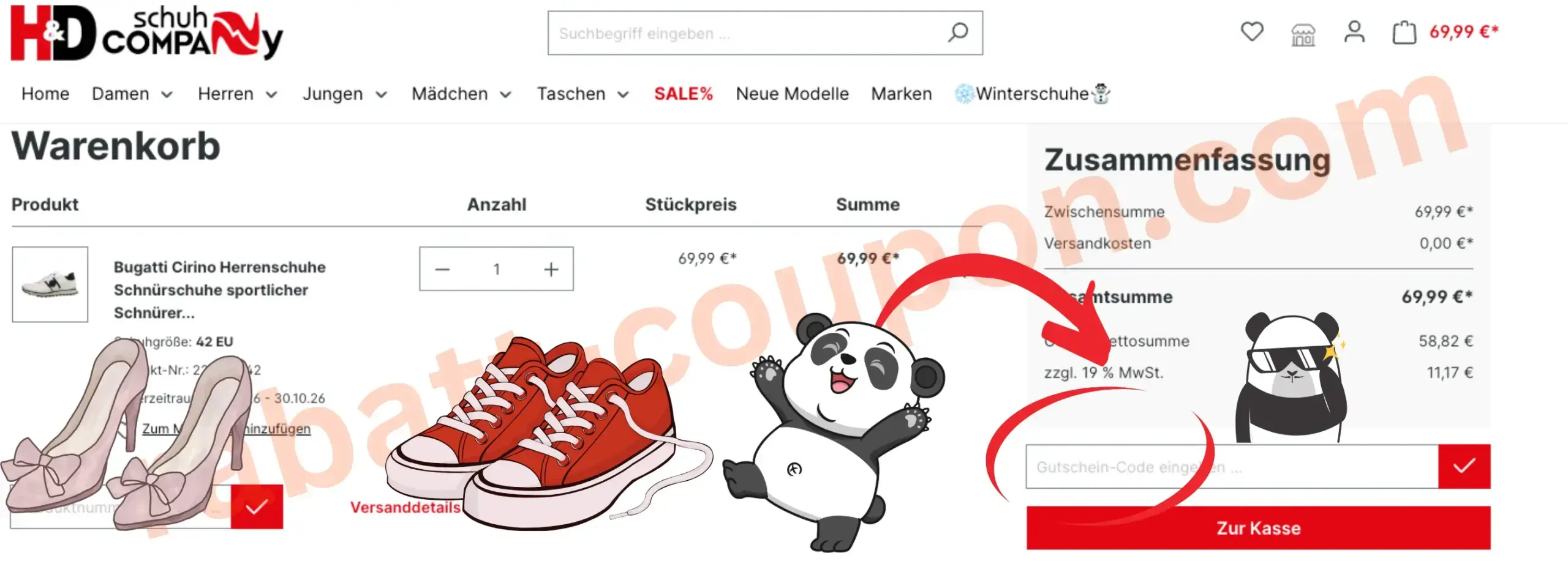 H&D Schuhcompany Warenkorb mit rot markiertem Gutscheincode-Feld und rotem Bestätigungshäkchen unter der Bestellzusammenfassung.