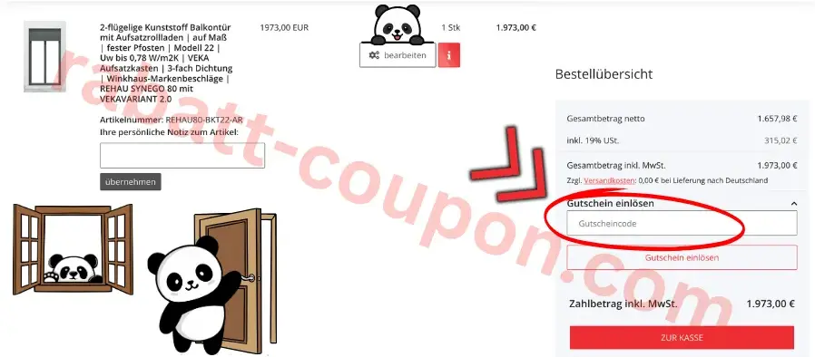 JWC Germany Warenkorb mit rot markiertem Gutscheincode-Feld in der Bestellübersicht zur Eingabe eines Rabattcodes.