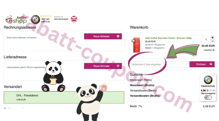 Kaffee-eShop Warenkorb mit pink markiertem Gutscheinfeld zur Eingabe eines Gutschein-Codes.