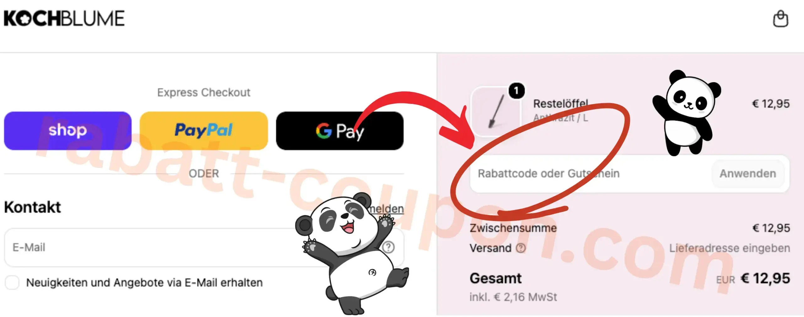 Kochblume Checkout mit rot markiertem Feld „Rabattcode oder Gutschein“ und Button „Anwenden“ in der Bestellübersicht.