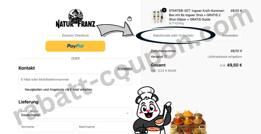 Natur Franz Checkout mit schwarz markiertem Gutscheinfeld zur Eingabe eines Rabattcodes oder Gutscheins.