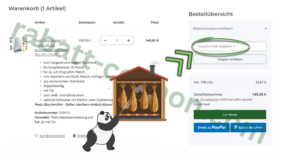 Peetz Räucheröfen Warenkorb mit grün markiertem Coupon-Code-Feld zur Eingabe eines Gutscheincodes in der Bestellübersicht.