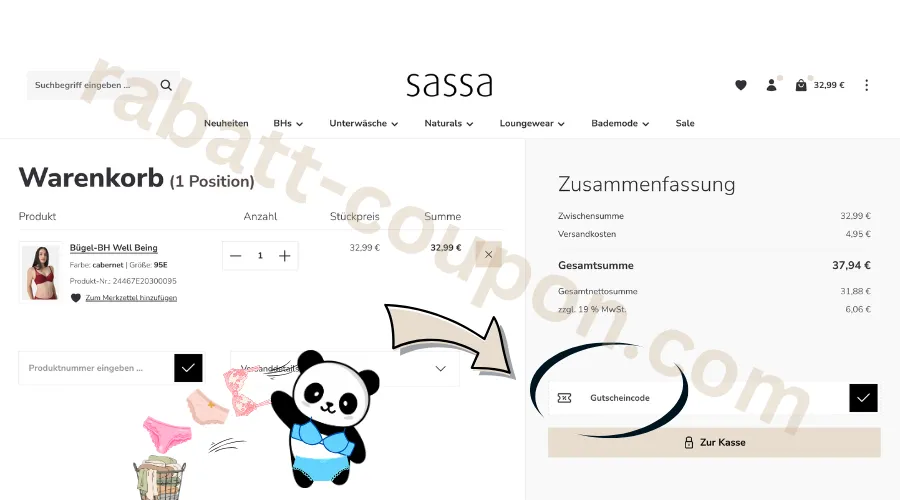 Sassa Warenkorb mit schwarz markiertem Gutscheincode-Feld auf der rechten Seite unterhalb der Bestellübersicht.