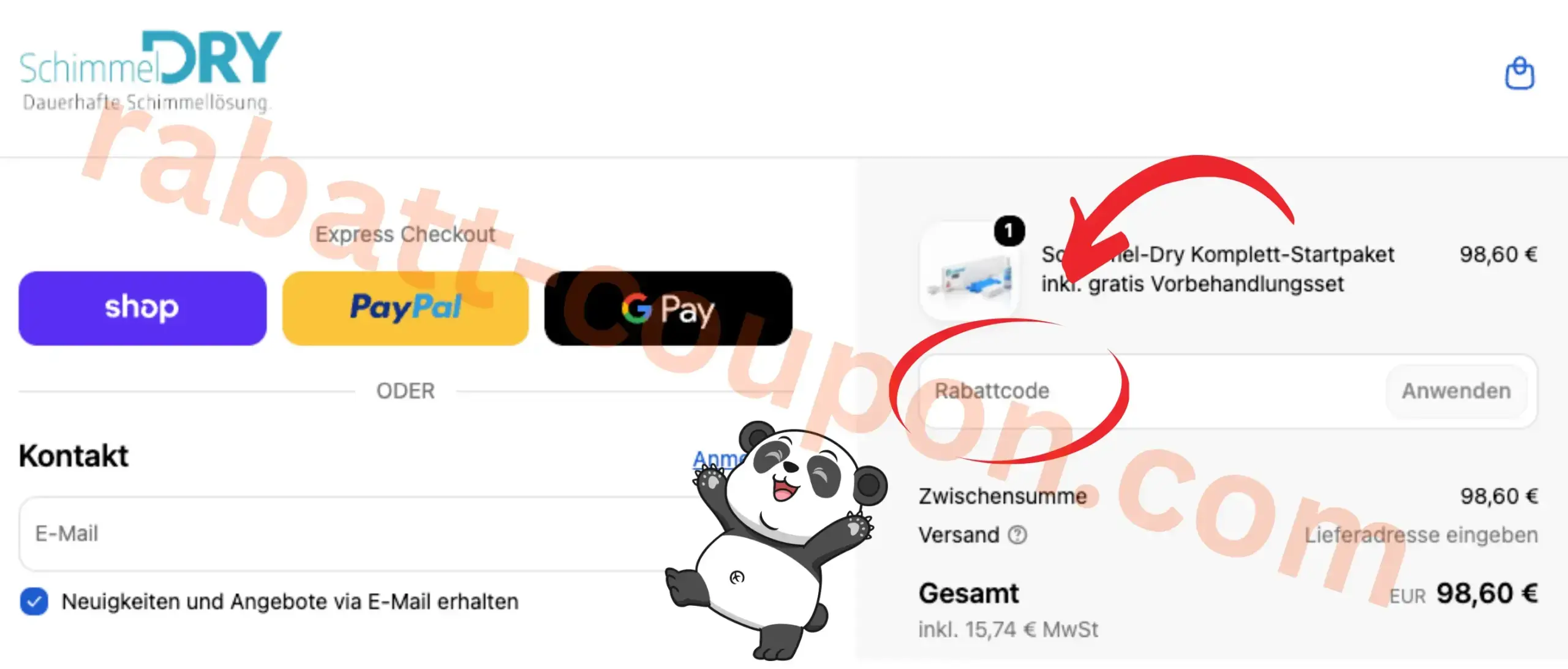 Schimmel-DRY Checkout mit rot markiertem Rabattcode-Feld und der Schaltfläche „Anwenden“ unter der Produktübersicht.