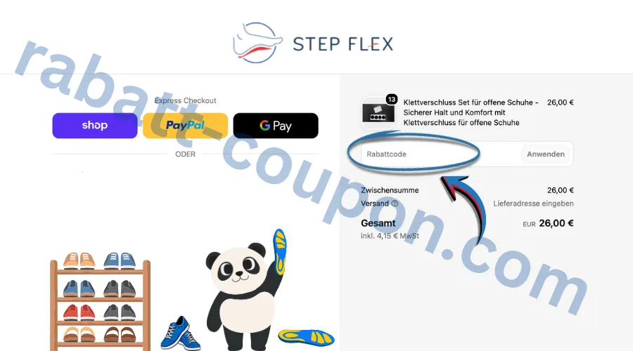 STEP FLEX Checkout mit blau markiertem Rabattcode-Feld und dem Button „Anwenden“ in der Bestellübersicht.